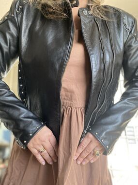 CHROME by Carrie Basham Womens Studded Black Leather Jacket Made In USA 8